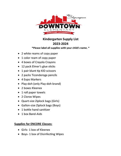 Kindergarten Supply List